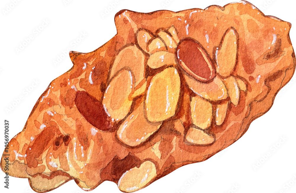Croffle with Almond Topping, Hand Drawn Illustration Watercolor painting Croffle with Almond Topping, Hand Drawn Illustration Watercolor painting