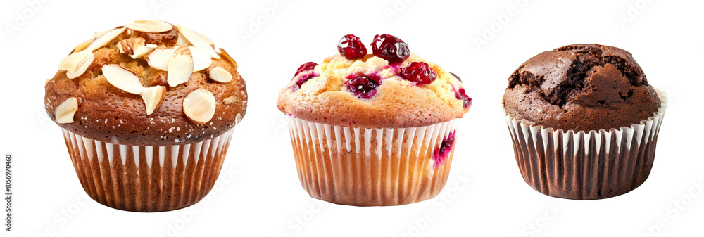 Almond, walnut and chocolate muffin or apple cinnamon cupcake topped with crunchy nuts pieces isolated on white transparent background Almond, walnut and chocolate muffin or apple cinnamon cupcake topped with crunchy nuts pieces isolated on white transparent background