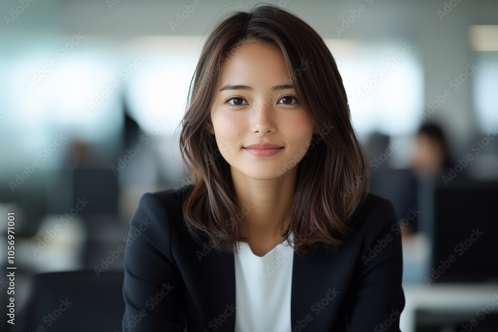 A confident businesswoman in a black suit smiling at her desk in an office, capturing professionalism, ambition, and the modern corporate atmosphere. A confident businesswoman in a black suit smiling at her desk in an office, capturing professionalism, ambition, and the modern corporate atmosphere.