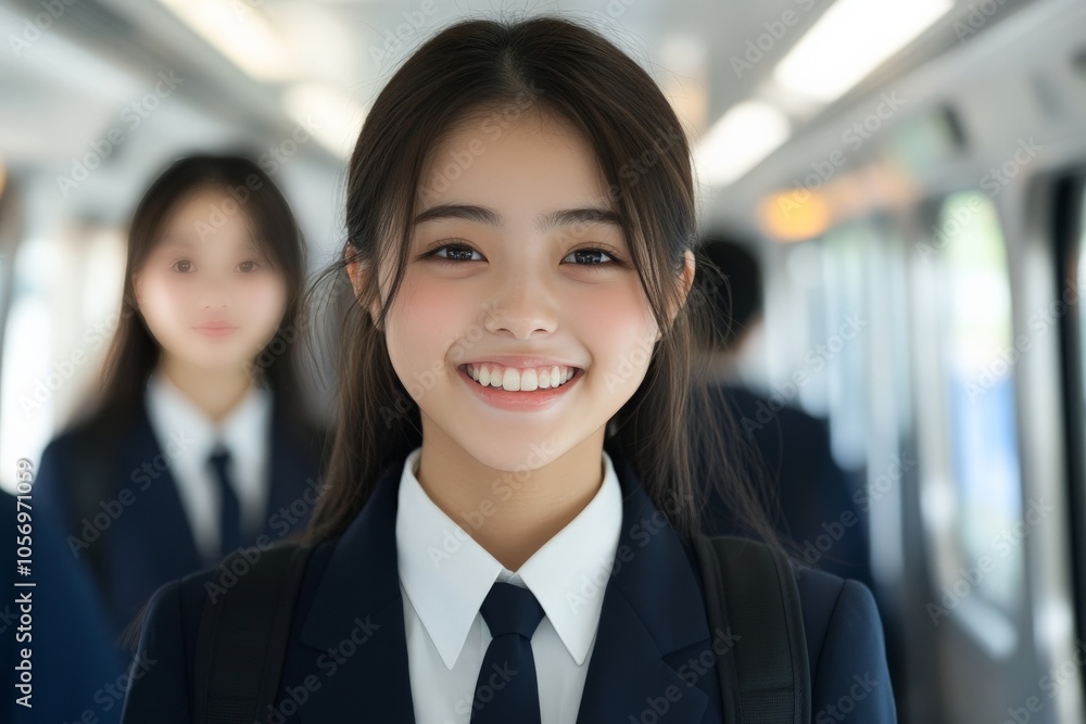 Fototapeta premium A schoolgirl in uniform beams a smile in a busy train, representing youthful optimism, school life, and the typical urban commute surrounded by classmates.
