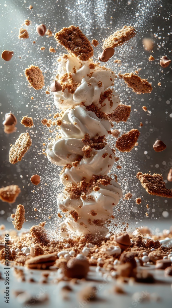 flying cake crumbs and cookie pieces against a clean white background creating a playful and dynamic scene that captures the joy of indulgence in a surreal way flying cake crumbs and cookie pieces against a clean white background creating a playful and dynamic scene that captures the joy of indulgence in a surreal way