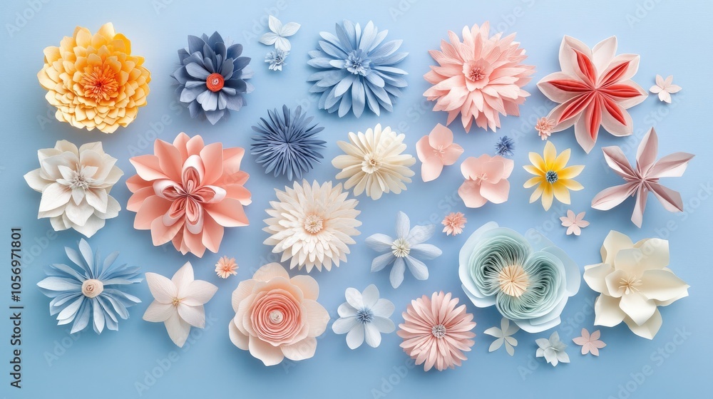 Pastel blue background with an assortment of paper flowers in various colors and sizes; creative and refreshing layout Pastel blue background with an assortment of paper flowers in various colors and sizes; creative and refreshing layout