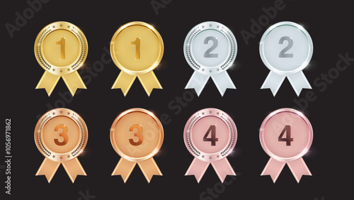 Gold, Silver, Bronze, and Rose Gold Medal Vectors: First, Second, Third Place Badges with Ribbons and Olive Branches. Vector.