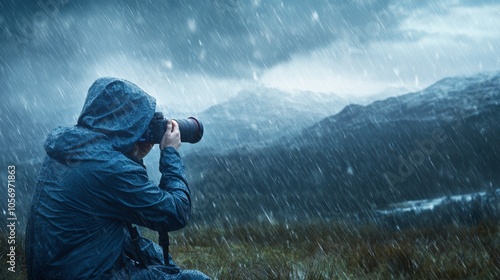 Photographer Capturing Rain-Drenched Mountain Landscape