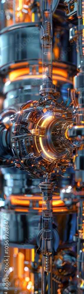 Fototapeta premium Produce a digital CG 3D rendering of a high-tech fuel cell from a dynamic frontal angle, showcasing glossy surfaces and intricate mechanisms that mesmerize the audience