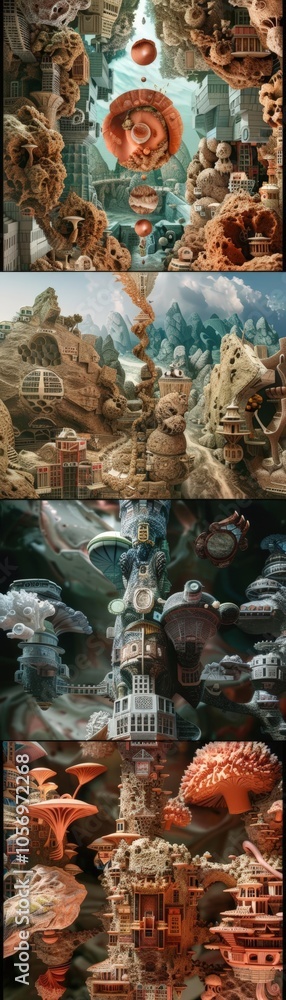 Fototapeta premium Produce a photorealistic 3D rendering showcasing a worms-eye view concept entwined with surreal cubist landscapes Ensure a seamless fusion of intricate details