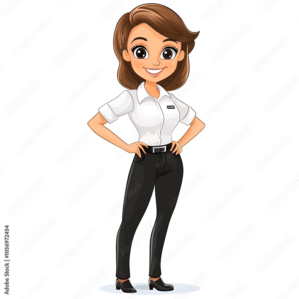 Cartoon employee standing with arms behind back, looking professional on a white background. Cartoon employee standing with arms behind back, looking professional on a white background.