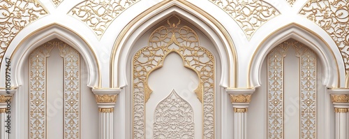 Ornate architectural design featuring intricate golden patterns and arches.