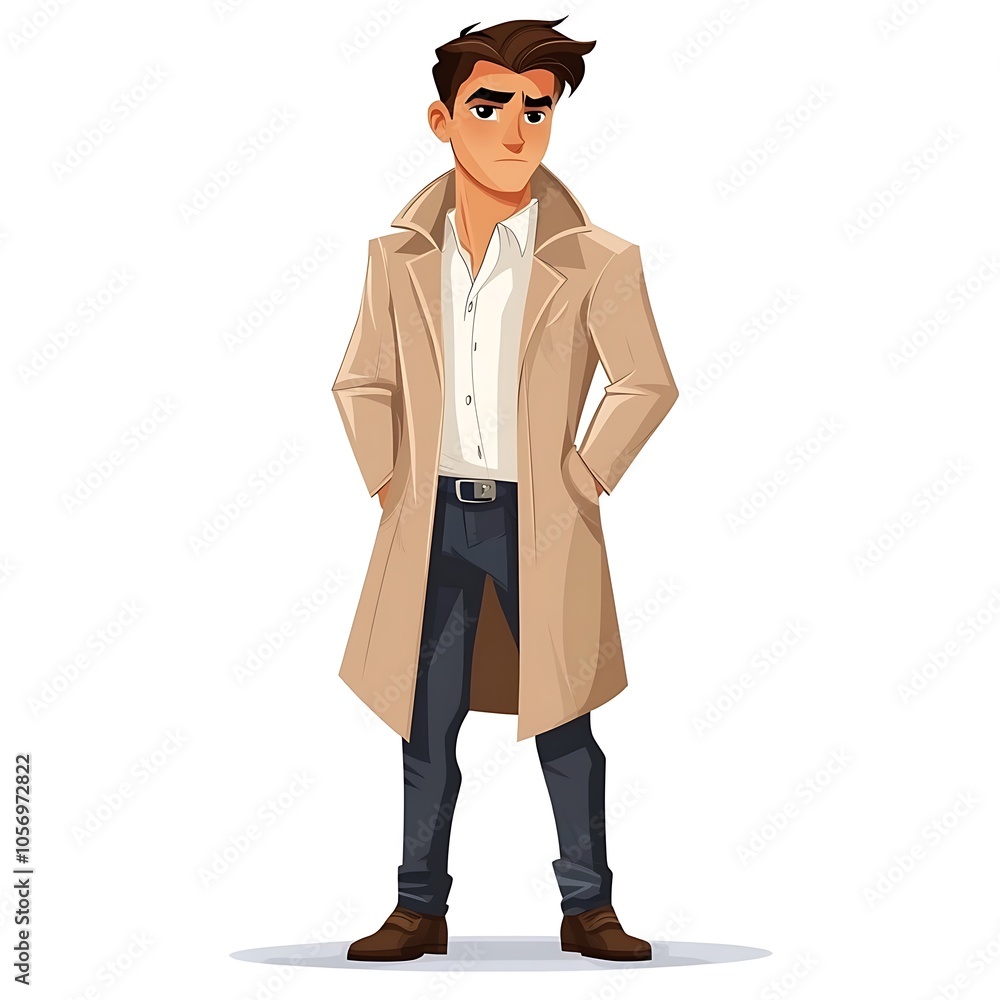 Cartoon guy with a serious face, sporting a trench coat and scarf on a white background. Cartoon guy with a serious face, sporting a trench coat and scarf on a white background.