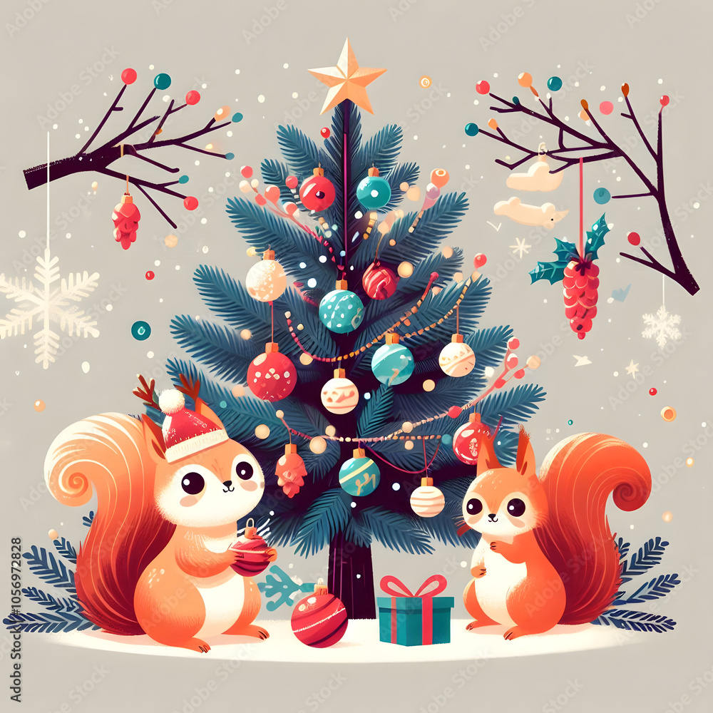 Fototapeta premium christmas tree with squirrel