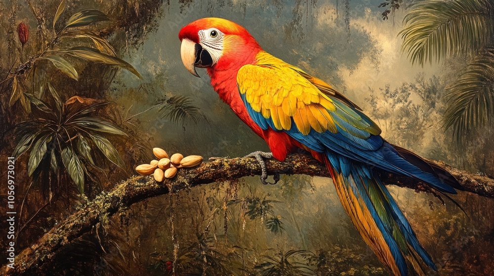 Vibrant parrot perched on a branch amidst lush foliage. Vibrant parrot perched on a branch amidst lush foliage.