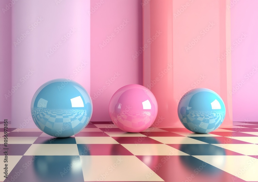 3D rendering of pastel-colored spheres and cylinders on a checkered floor with a white background. 3D rendering of pastel-colored spheres and cylinders on a checkered floor with a white background.