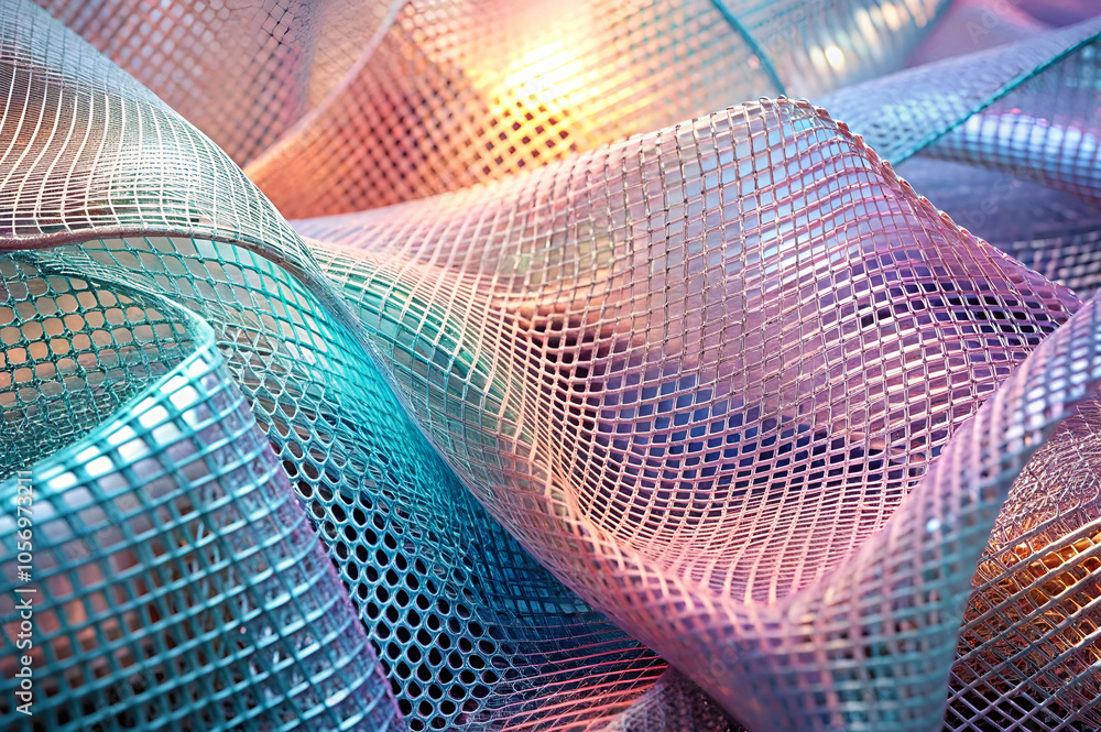 A close-up of shimmering, colorful mesh fabric, featuring a wave-like texture and iridescent light effects. A close-up of shimmering, colorful mesh fabric, featuring a wave-like texture and iridescent light effects.