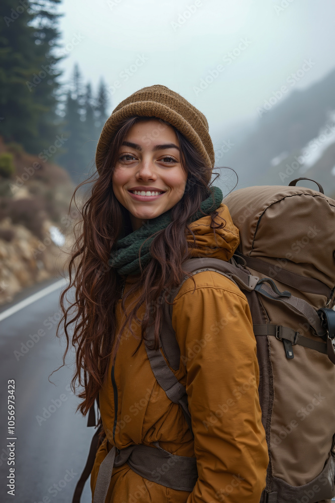 A woman with long brown hair wearing a brown hat and a brown jacket, smiling and carrying a large brown backpack A woman with long brown hair wearing a brown hat and a brown jacket, smiling and carrying a large brown backpack