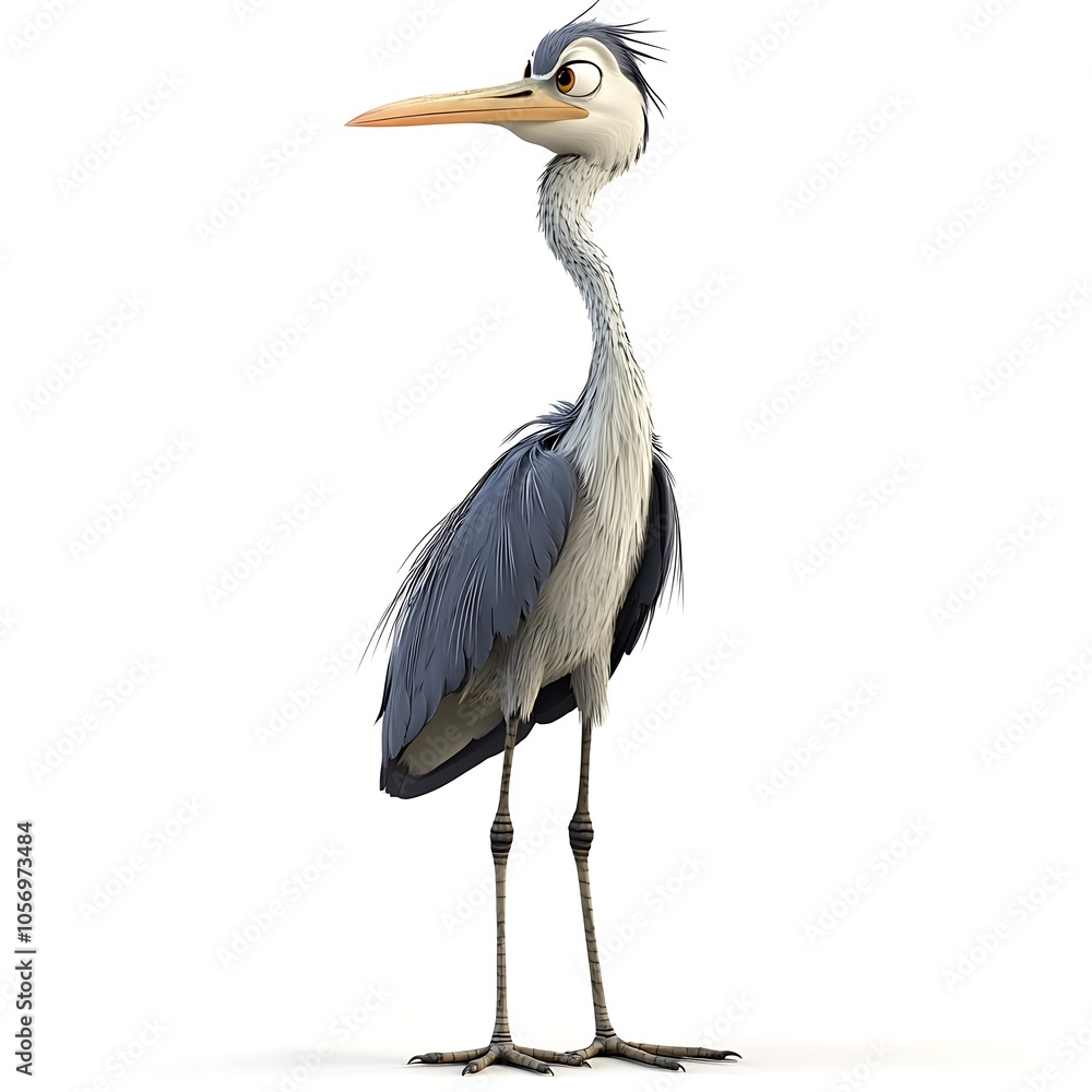 Fototapeta premium A cartoon heron standing with long legs on a white background.