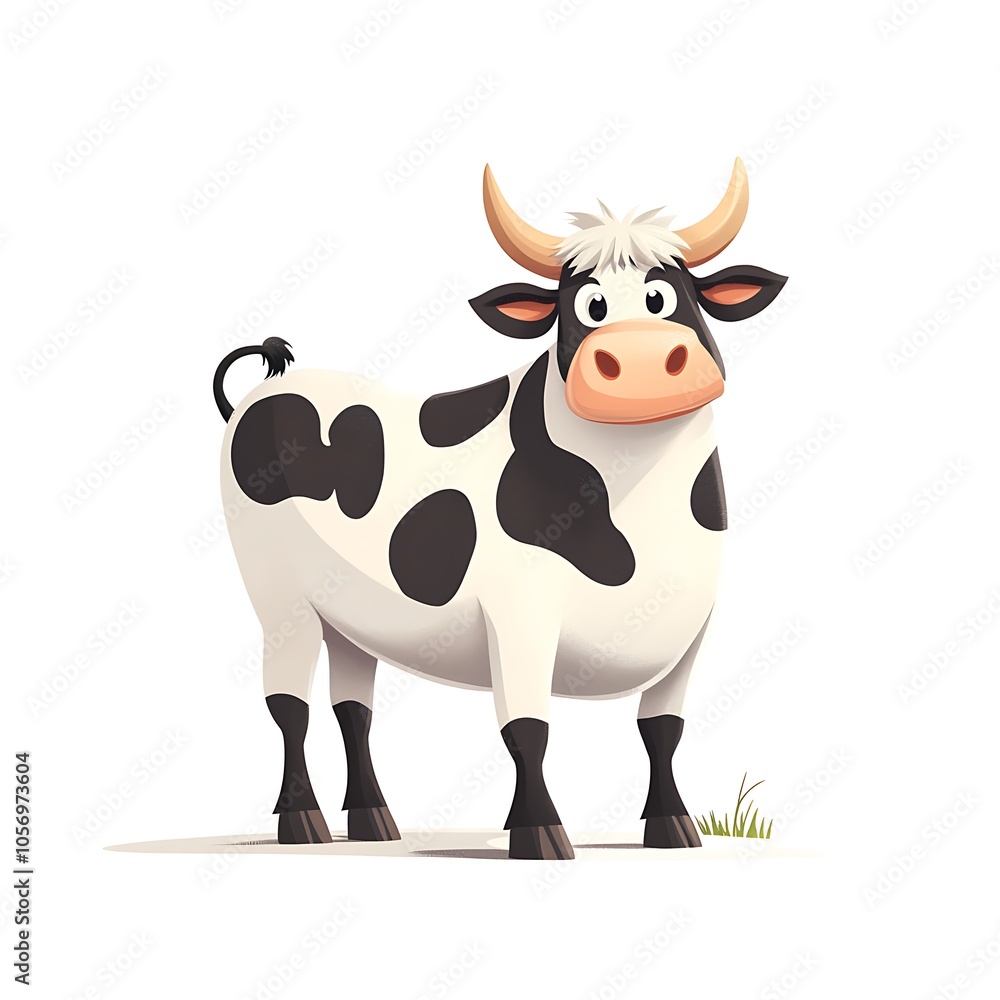 A cartoon cow standing with black spots on a white background. A cartoon cow standing with black spots on a white background.