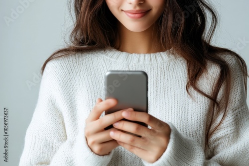 A woman wearing a cozy white sweater smiles while looking at her smartphone, conveying a sense of warmth and connection with modern technology and social interaction.