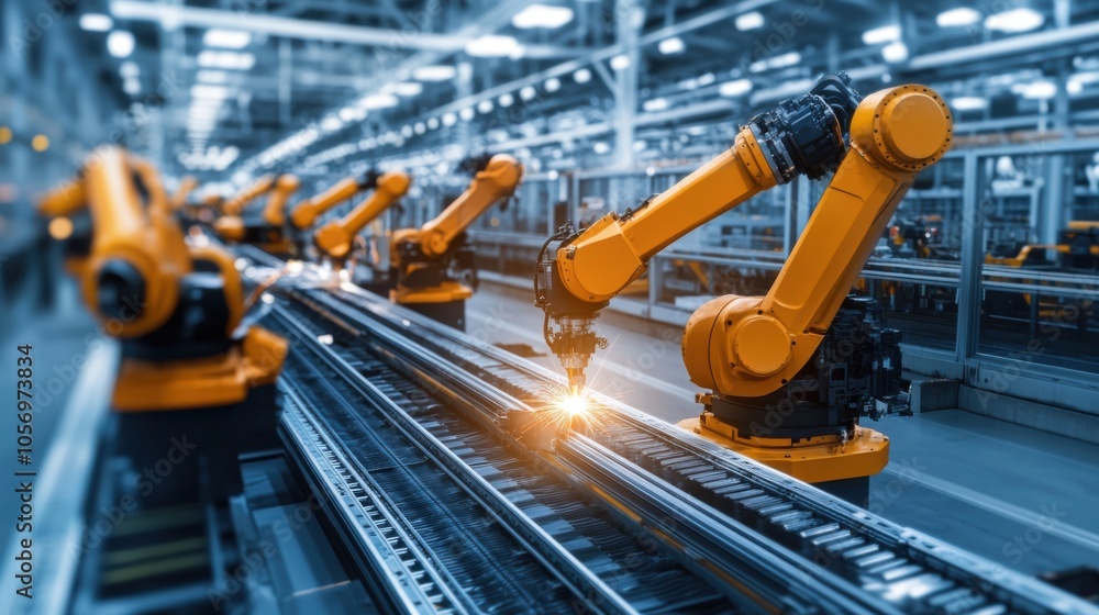 Industrial robot welding components in a manufacturing facility Industrial robot welding components in a manufacturing facility