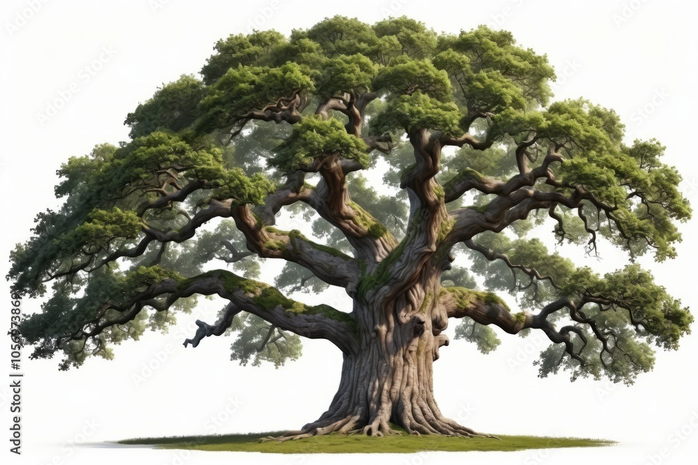 An old oak tree with exposed roots stands in a lush park surrounded by green grass and vibrant foliage isolated white background An old oak tree with exposed roots stands in a lush park surrounded by green grass and vibrant foliage isolated white background