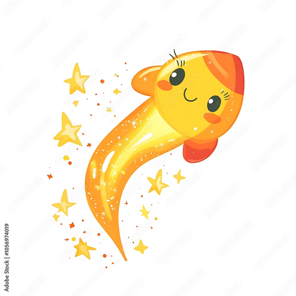 A cheerful cartoon comet with a trail of sparkles on a white background. A cheerful cartoon comet with a trail of sparkles on a white background.