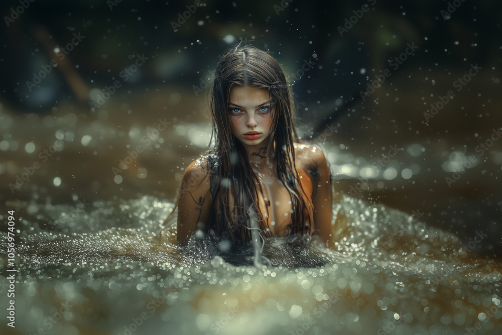 Fototapeta premium Girl an amazon warrior standing with spear in river water. background..