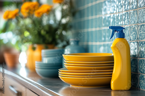 Dishwashing liquid and clean plates on kitchen table. background..
