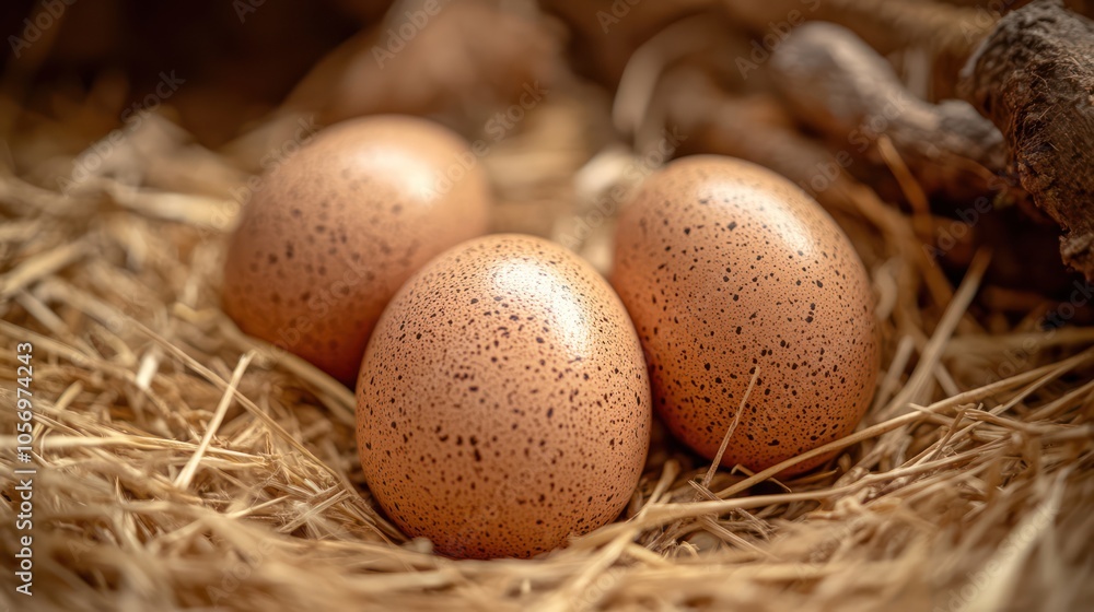 Three speckled eggs resting in a straw nest, symbolizing nature and new beginnings. Three speckled eggs resting in a straw nest, symbolizing nature and new beginnings.