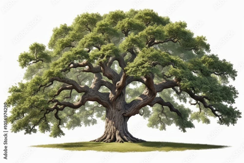 An old oak tree with exposed roots stands in a lush park surrounded by green grass and vibrant foliage isolated white background An old oak tree with exposed roots stands in a lush park surrounded by green grass and vibrant foliage isolated white background
