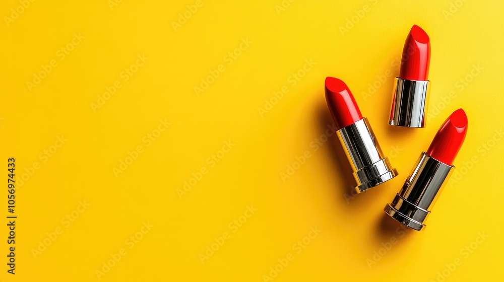 Selection of bright red lipsticks displayed on a pastel yellow background; stylish and fresh beauty setup Selection of bright red lipsticks displayed on a pastel yellow background; stylish and fresh beauty setup