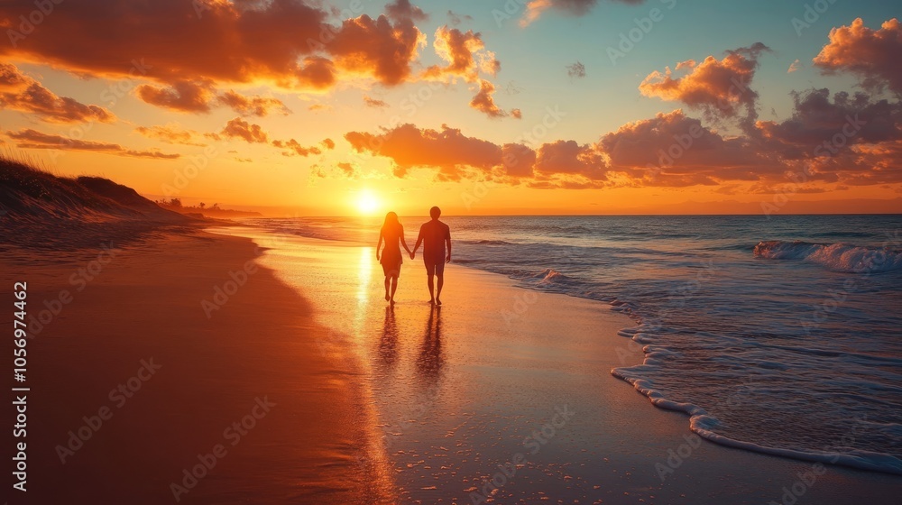 Couple Silhouetted Against a Sunset on a Sandy Beach Couple Silhouetted Against a Sunset on a Sandy Beach