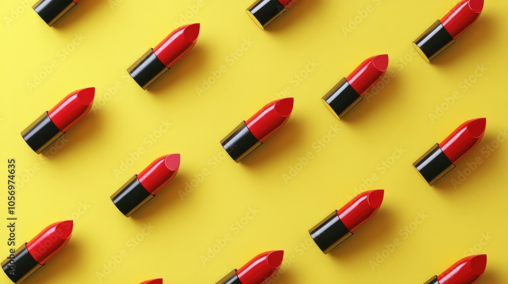 Set of red lipsticks on a pastel yellow background; eye-catching, colorful composition for beauty projects Set of red lipsticks on a pastel yellow background; eye-catching, colorful composition for beauty projects