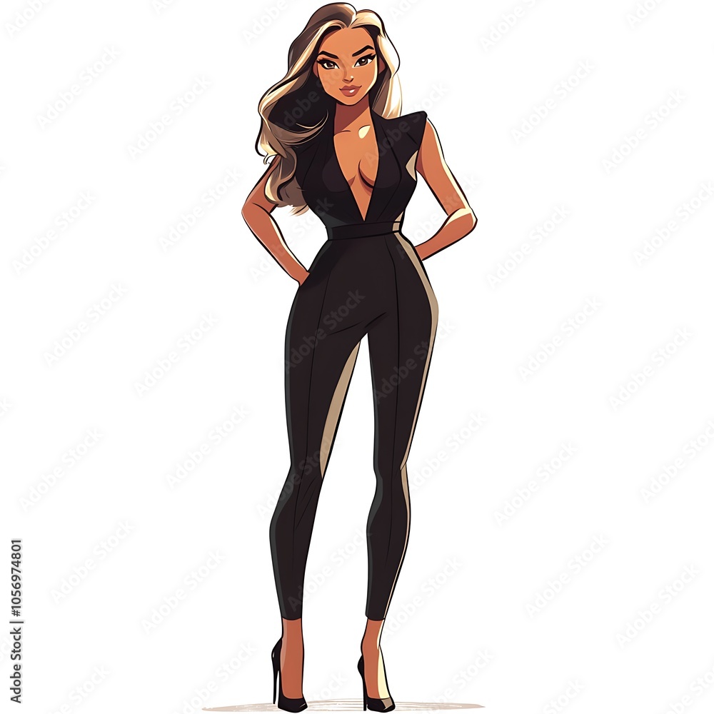 Cartoon girl in a sleek jumpsuit and high heels on a white background. Cartoon girl in a sleek jumpsuit and high heels on a white background.