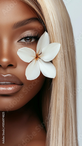 Beautiful young black woman with flowers and petals on her face. Beauty parlor vertical banner concept, copyspace Ehite background. Instagram story, reel or tiktok photo