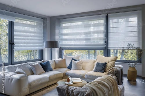A living room with a white couch and two white roman blinds