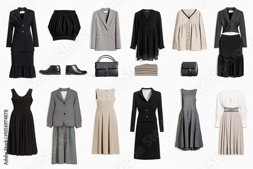 A collection of black and white clothing items, including dresses, skirts