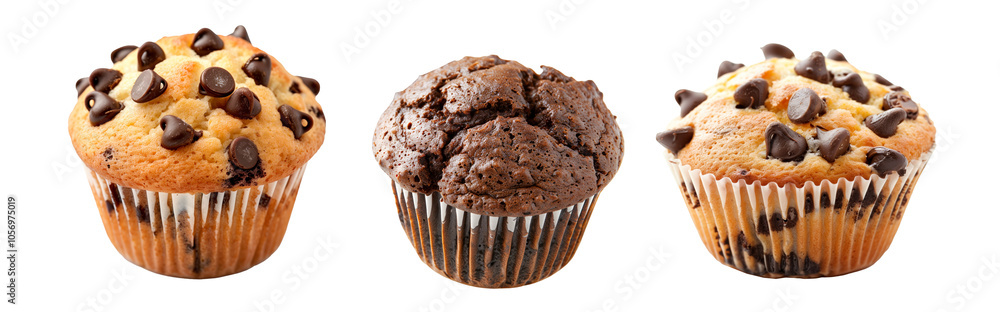 A freshly baked and fluffy chocolate muffin or cupcake isolated on white transparent background, beautifully topped with delightful sweet choco flakes A freshly baked and fluffy chocolate muffin or cupcake isolated on white transparent background, beautifully topped with delightful sweet choco flakes