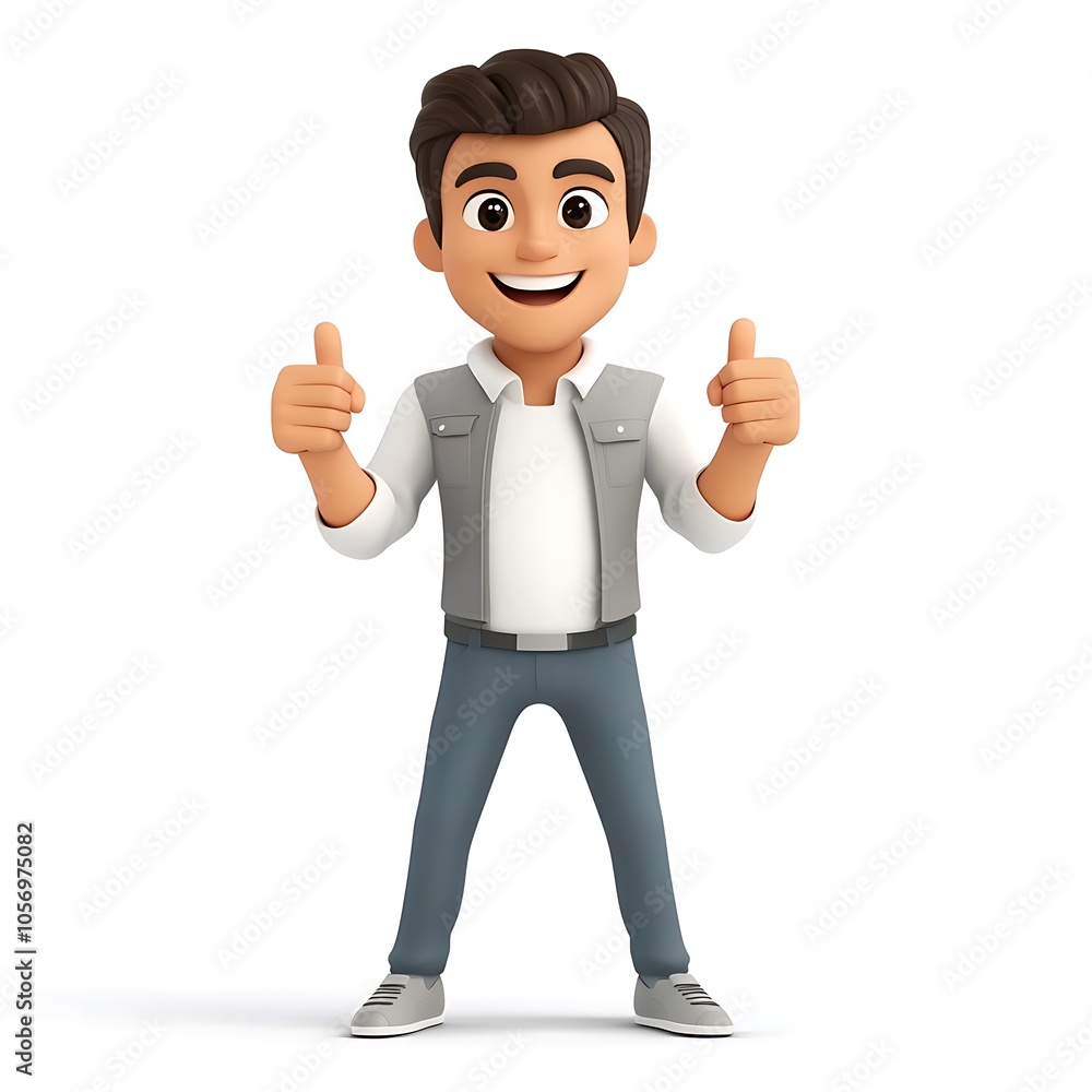 Cartoon employee giving a double thumbs-up with a confident smile on a white background. Cartoon employee giving a double thumbs-up with a confident smile on a white background.