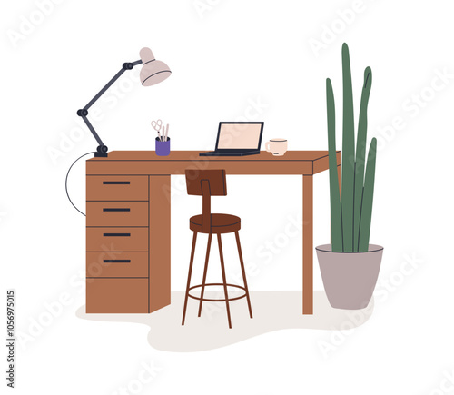 Workspace with wood desk, laptop, chair. Comfortable workplace with table lam...