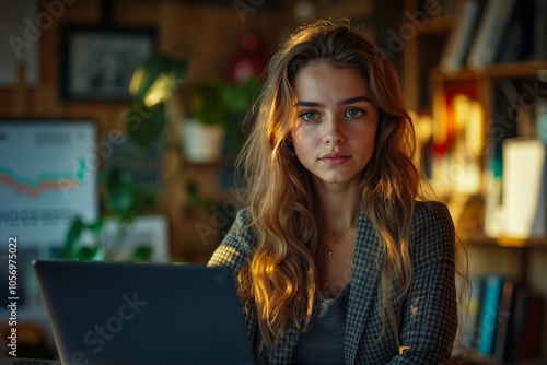 A young woman with long blonde hair is sitting at a desk with a laptop, looking at the camera