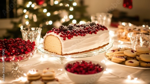 Festive Christmas Dessert Table with Cranberry Cake and Cookies