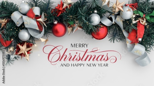 Festive Christmas and New Year Decoration with Red and Silver Ornaments