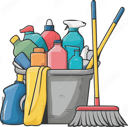 Bucket with Cleaning Products Vector Illustration