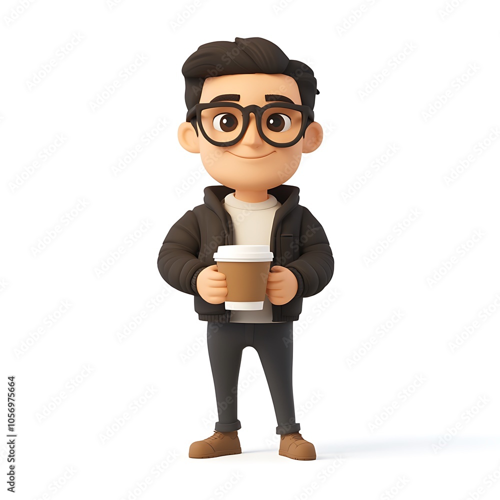 Cartoon employee holding a coffee cup, looking tired but smiling on a white background. Cartoon employee holding a coffee cup, looking tired but smiling on a white background.