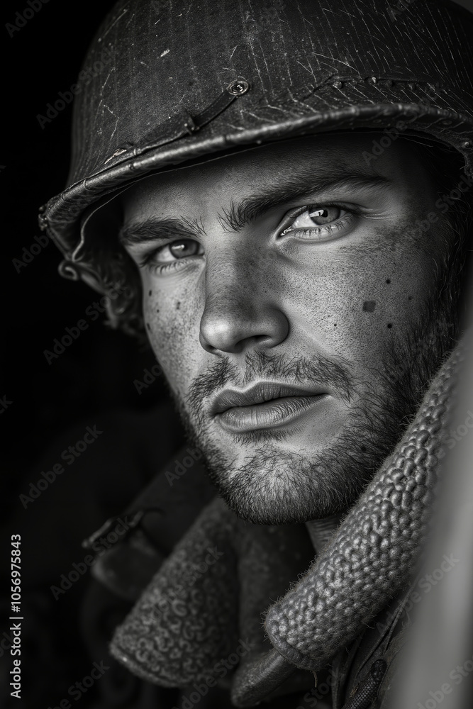 A man in a military helmet looking directly at the camera A man in a military helmet looking directly at the camera