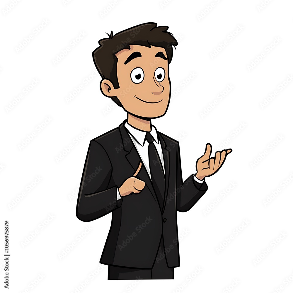 Cartoon employee with a serious expression, giving a presentation on a white background. Cartoon employee with a serious expression, giving a presentation on a white background.