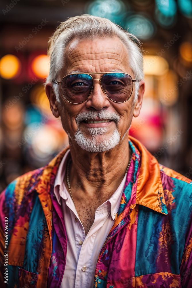Fototapeta premium Colorful Fashionable Grandfather with Sunglasses, Realistic portrait of a funky and fashionable senior man in a stylish and colorful dress, strolling down the street with joy, generative AI