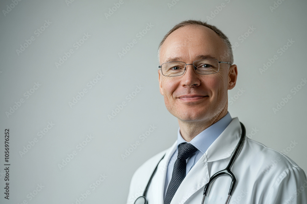 Man doctor in white coat smile on white isolated background looks into camera, copy space, space for text, health Man doctor in white coat smile on white isolated background looks into camera, copy space, space for text, health