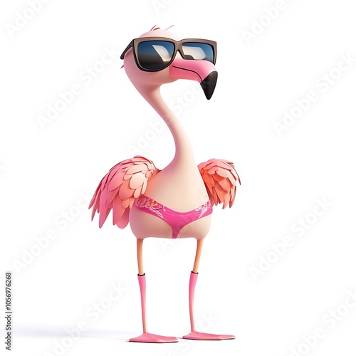 A cartoon flamingo wearing sunglasses and a swimsuit on a white background. photo