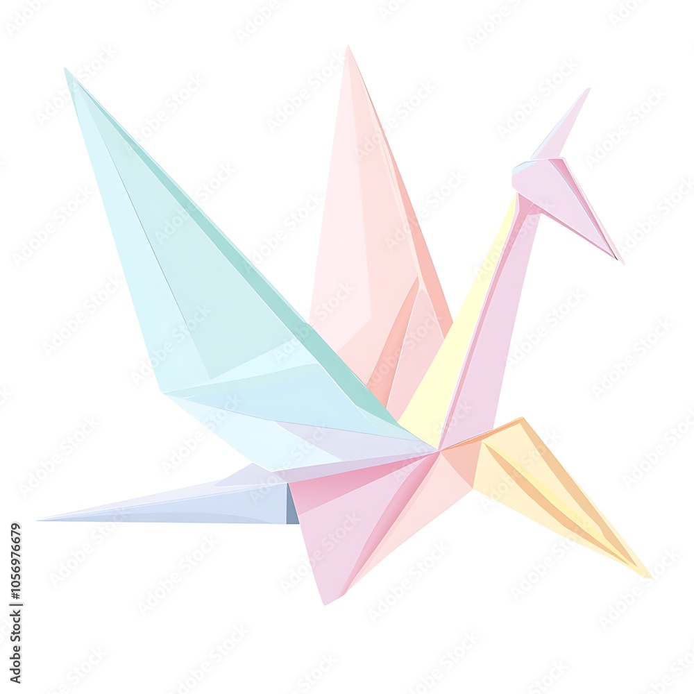 Fototapeta premium Cartoon origami crane in pastel colors on a white background.