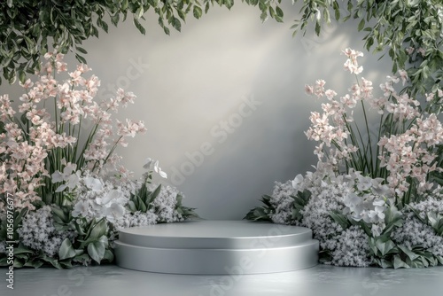 Podium Silver Background , Product Stand,flowers are arranged in an orderly and aesthetically pleasing manner photo